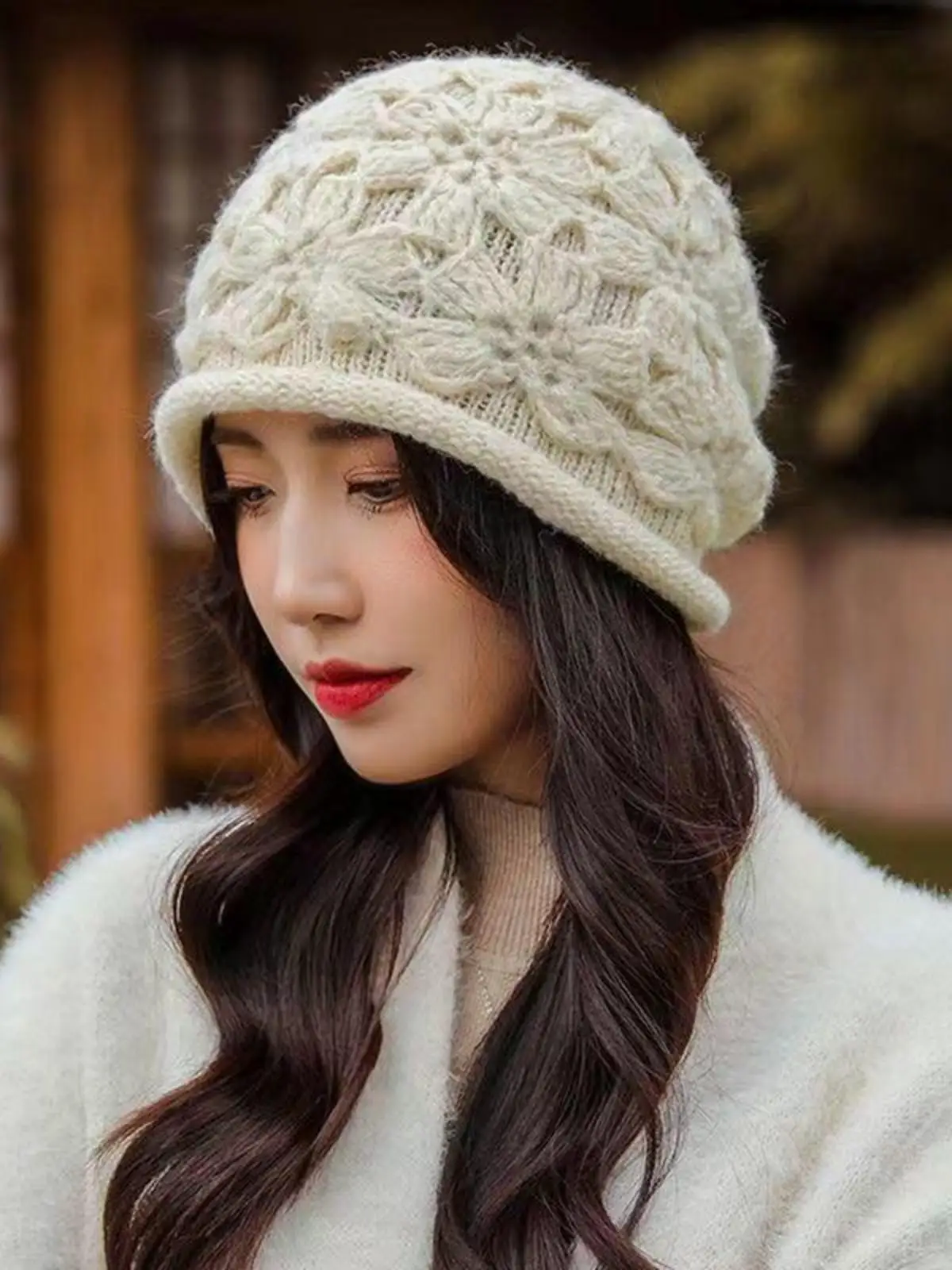 Hat Women Autumn and Winter Woolen Cap Handmade Crochet Sleeve Elegant Toque Knitted Warm Flower