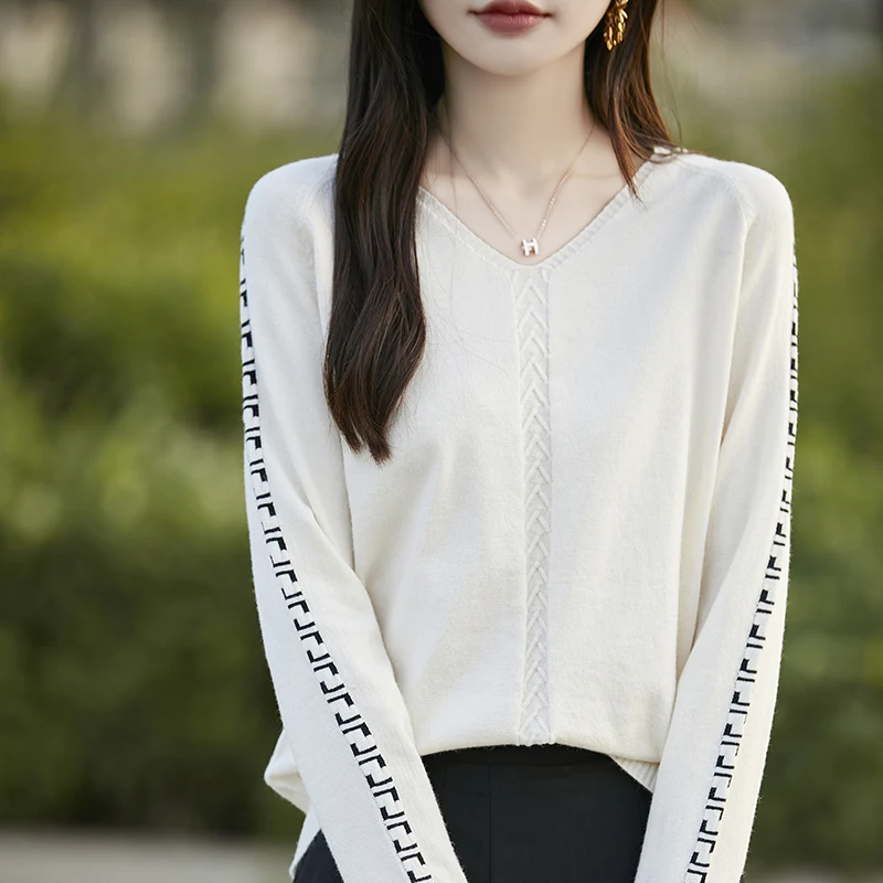 Женский трикотажный кашемировый пуловер с длинным рукавом и V-образным вырезом