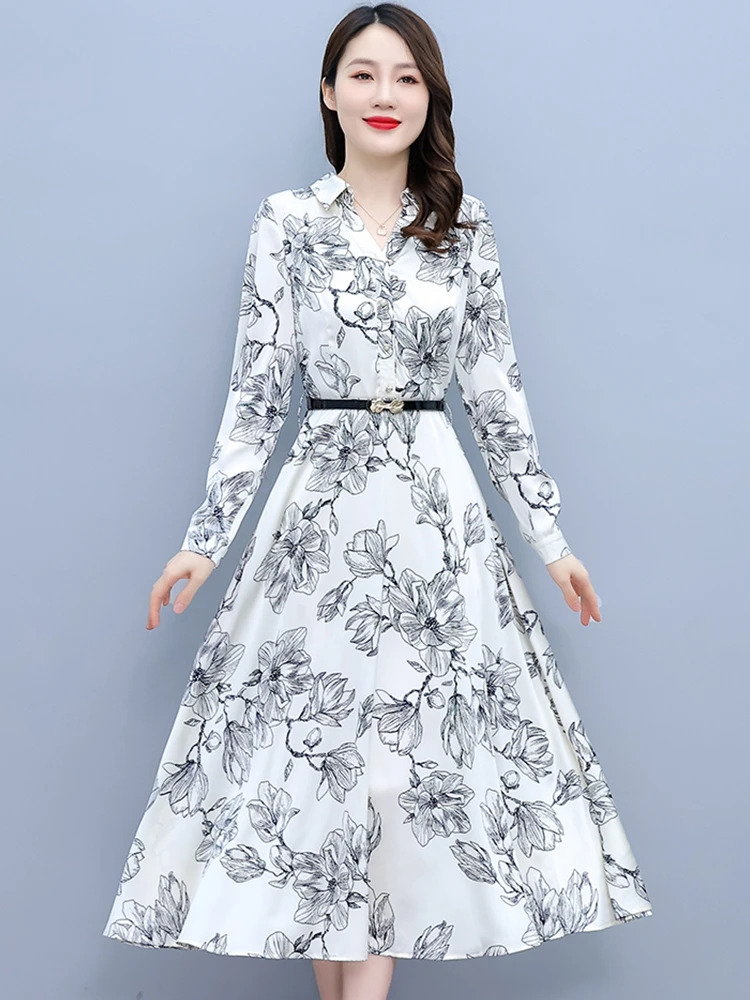 

2022 White Floral Casual Boho Satin Dress Spring Autumn Long Sleeve Prom Evening Robe Women Elegant Bodycon Fashion Maxi Dresses