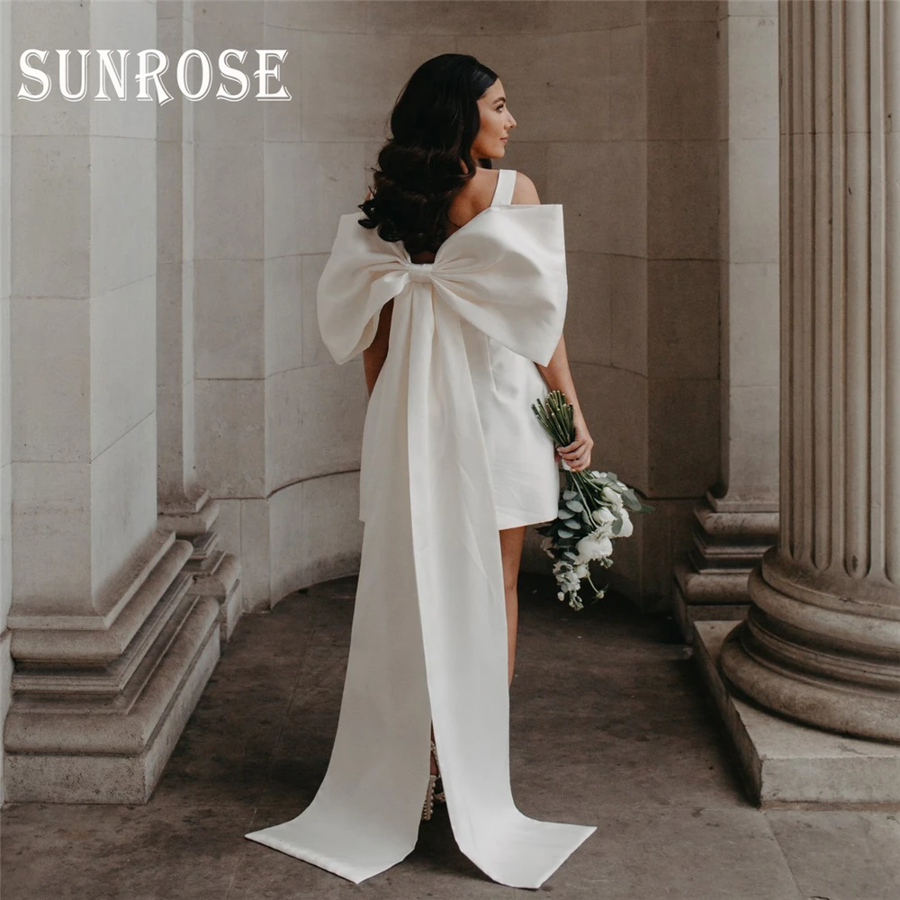 SUNROSE Атласные свадебные платья Короткие большие банты с квадратным вырезом выше