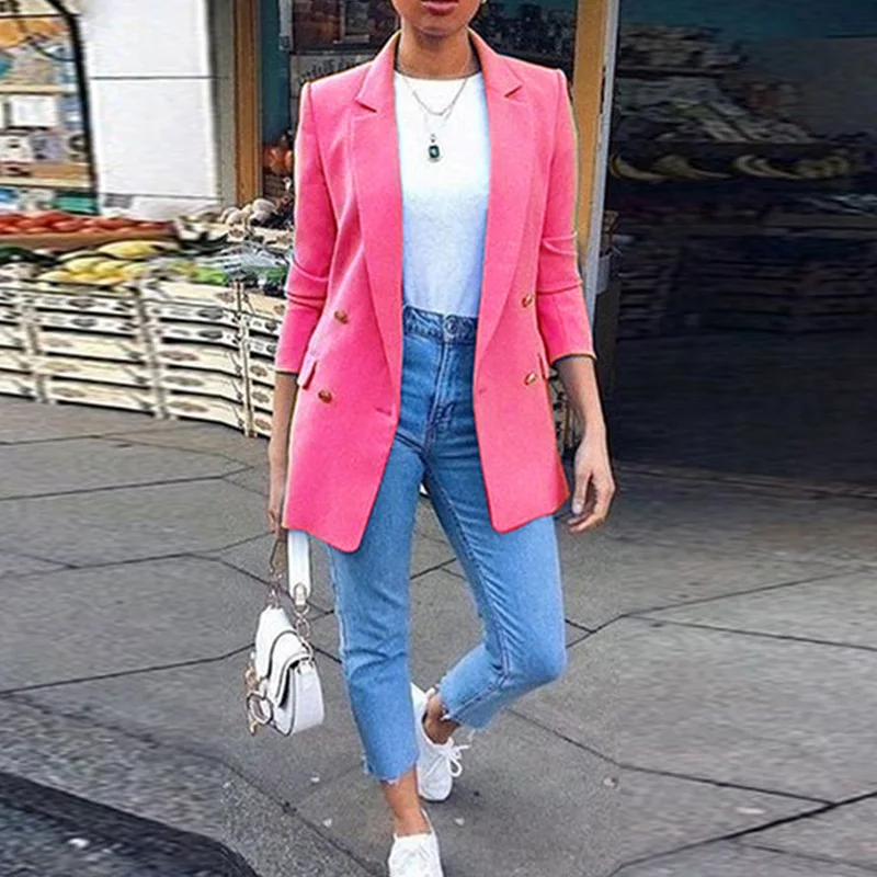 Autumn Long Sleeve Cardigan Blazer Solid Coat Casual Office Women Slim Button Jacket Work Ladies Open Front Notched Coat Blazers