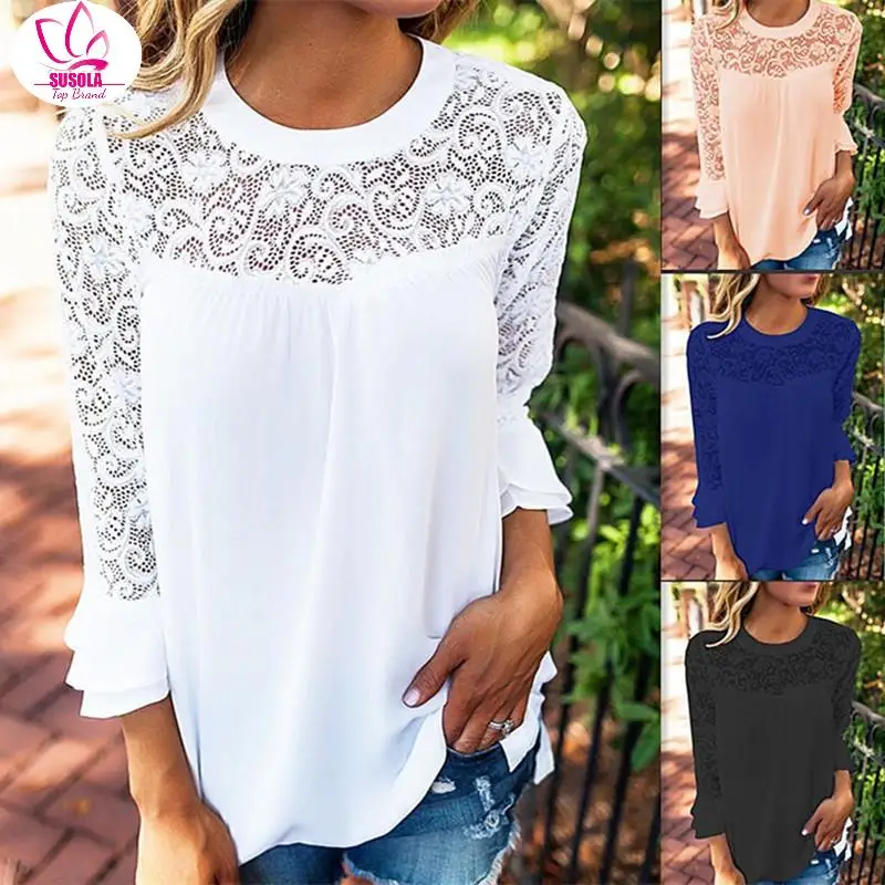 

Женская шифоновая блуза с кружевом, однотонная белая блуза с длинным рукавом и вышивкой, большие размеры, осень-весна 2022
