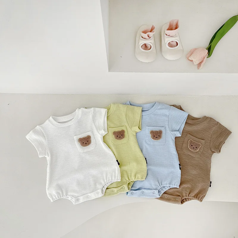 

Toddler Boy Simple Solid Loose Bodysuit Pocket Bear Thin Breathable Short Sleeves Jumpsuit Girl Comfortable Cotton Clothes