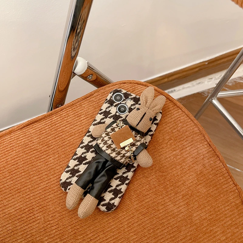 Коричневый плюшевый чехол для телефона с игрушечным кроликом IPhone 16 15 14 13 12 11 Pro Max