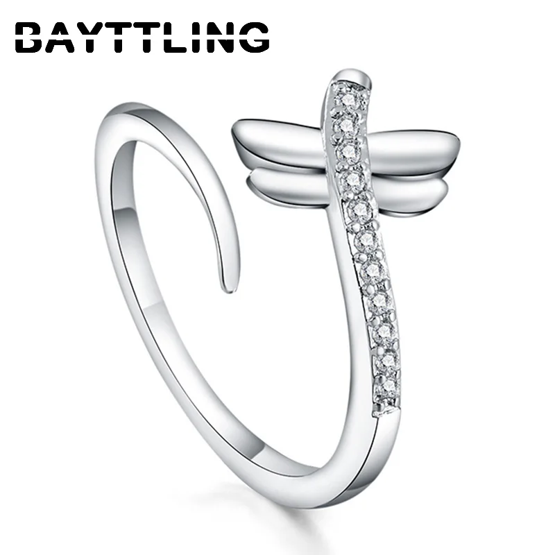 

BAYTTLING Simple Silver Diamond Dragonfly Open Ring For Woman Fashion Charm Wedding Gift Party Jewelry Dropshipping