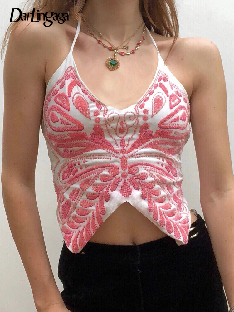 

Darlingaga Retro Fashion Y2K Fairycore Butterfly Halter Crop Top Women Camis Backless Lace Up Sexy Party Tops Summer Aesthetic