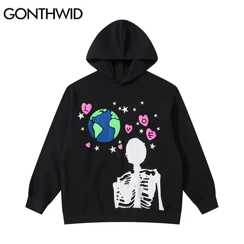 

2023 Hip Hop Hoodie Sweatshirt Streetwear Earth Skeleton Print Punk Gothic Hooded Winter Harajuku Cotton over Black