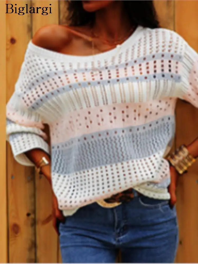 

Knitted Autumn Pullover Sweater Women Striped Print Hollow Out Casual Ladies Tops Long Sleeve Modis Loose Woman Sweater 2023