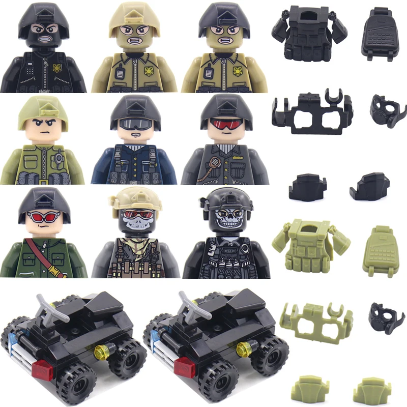 

Military Building Blocks Toys City Special Police Solider Figures Gifts Equipment Belt Headphone Knee Pads BackpackMotorcycle
