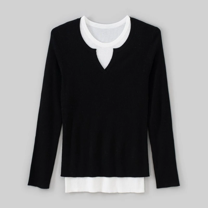 

2023 Autumn New Fine Wool Knitwear Fake Two-piece Round Neck Women Slim Fit All-match Tops