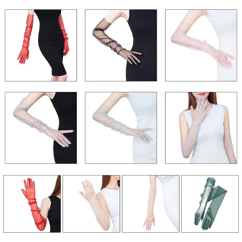

Womens Ultra Thin Tulle Elbow Long Wedding Gloves Solid Color Sheer Transparent Sunscreen Vintage 1920s Opera Mittens