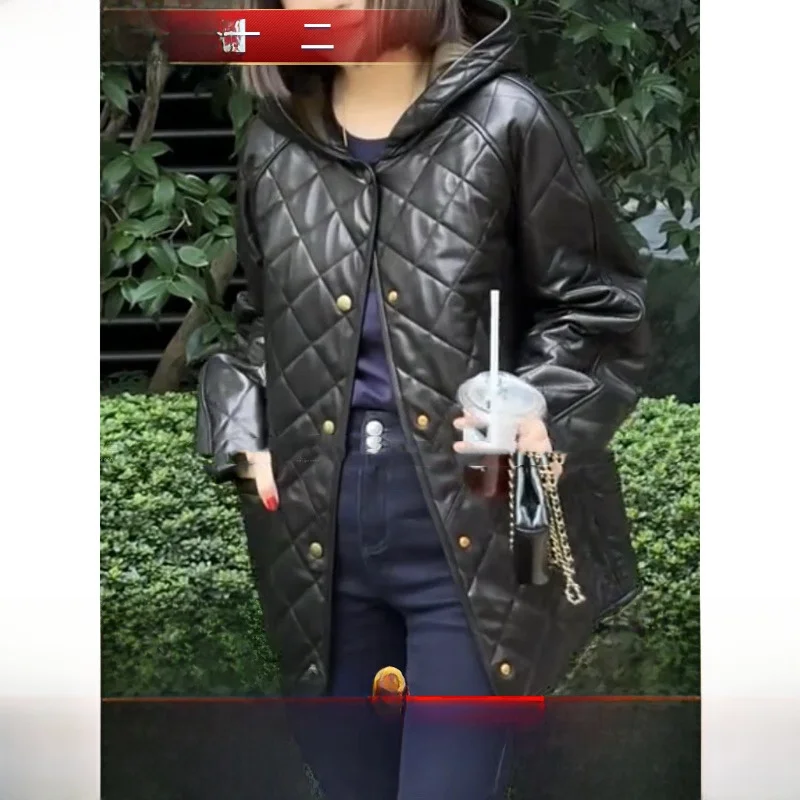 Женское пальто из натуральной кожи с ромбами овчины новинка зимы 2024 свободная