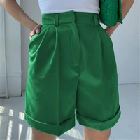 dropshipping summer women shorts solid color zipper ladies wide leg loose pockets short pants office streetwear