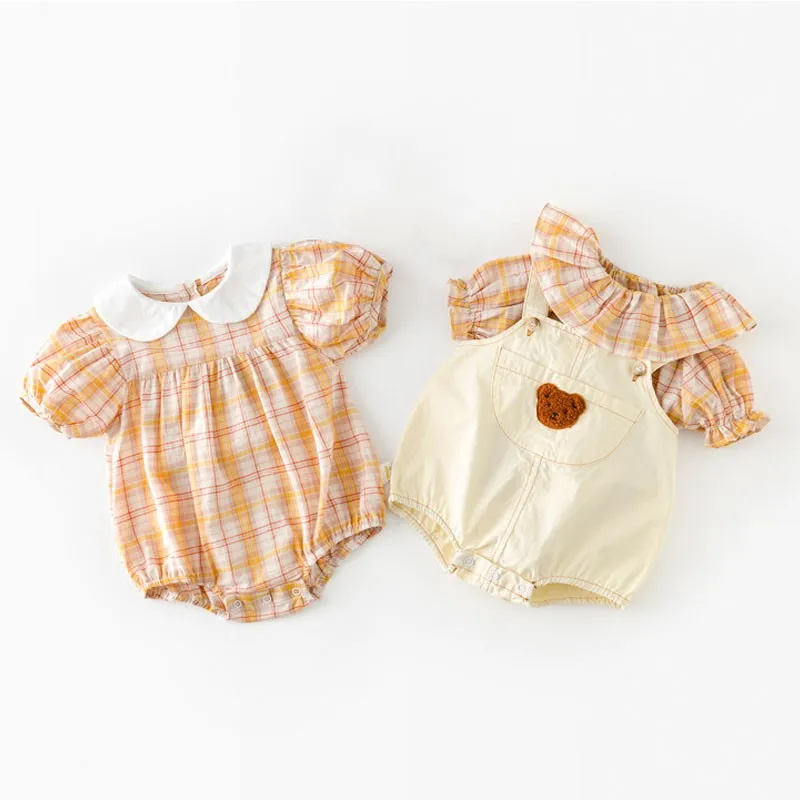 

Summer Newborn Baby Girl Twins Clothes Fashion Plaid Bodysuits Toddler Sisters Infant Kids Peter Pan Collar Shirts 0-3 Years