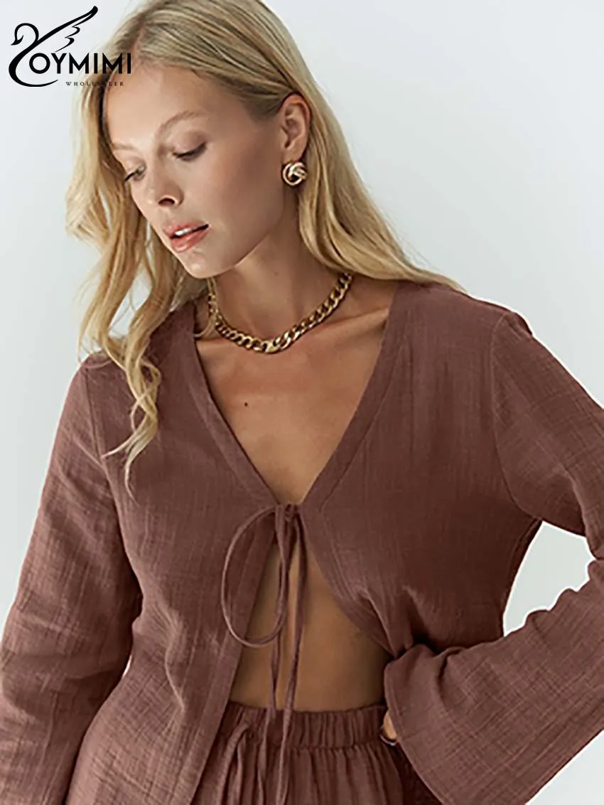 Oymimi повседневный коричневый хлопковый комплект из двух предметов для женщин