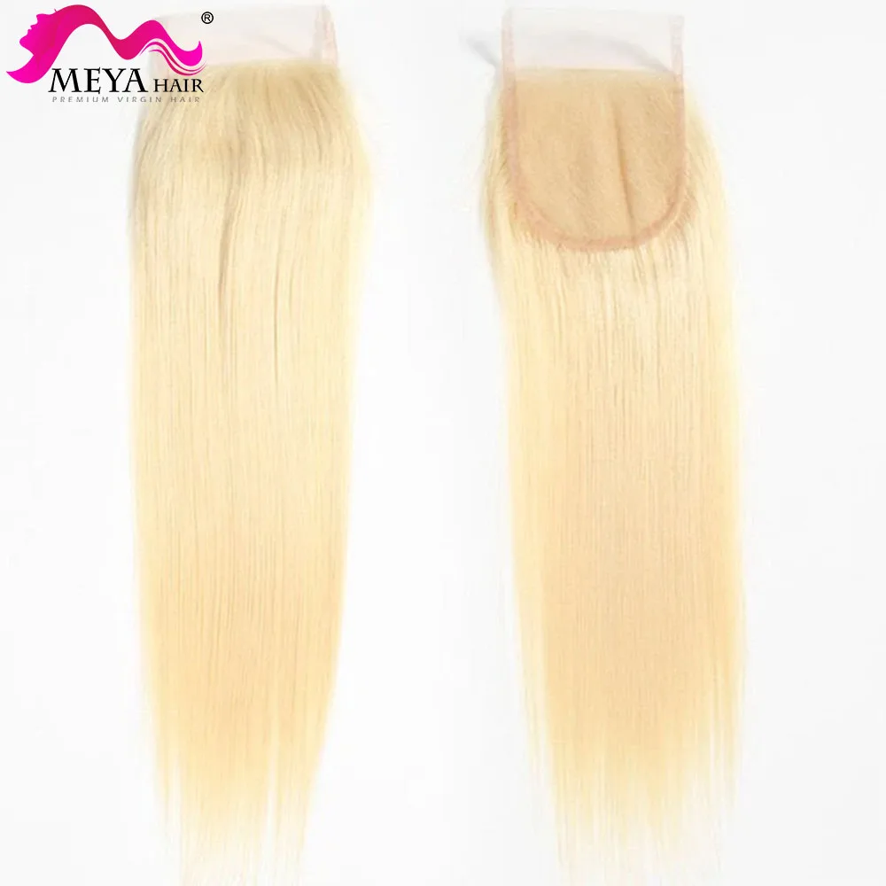 [Meya] 613 Straight Transparent 4x4 Swiss Lace Closure Brazilian Honey Blonde Human Hair Remy Hair Pre Plucked Baby Hairline