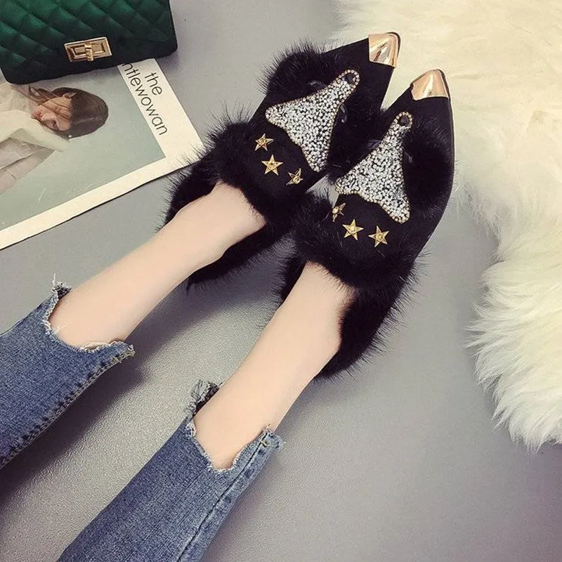 Diamond Fox Pattern Fur Shoes Flat Loafers Women Luxury Brand Pointed Toe Bling Woman Flats Slip On Casual Party Shoes