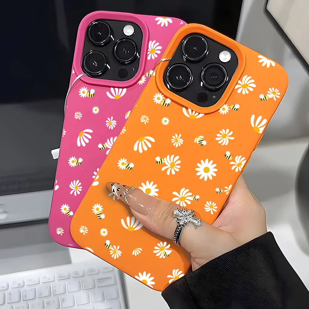 Милый чехол для телефона с узором «Пчелка и ромашка» для iPhone 17, 16 Pro, 15, 14, 13, 12, 11 Pro Max, 14, 15 Plus, 17 Air, X, Xs, XR, мягкий чехол с текстурой личи (art.: 3920da39de249) - 3920da39de249