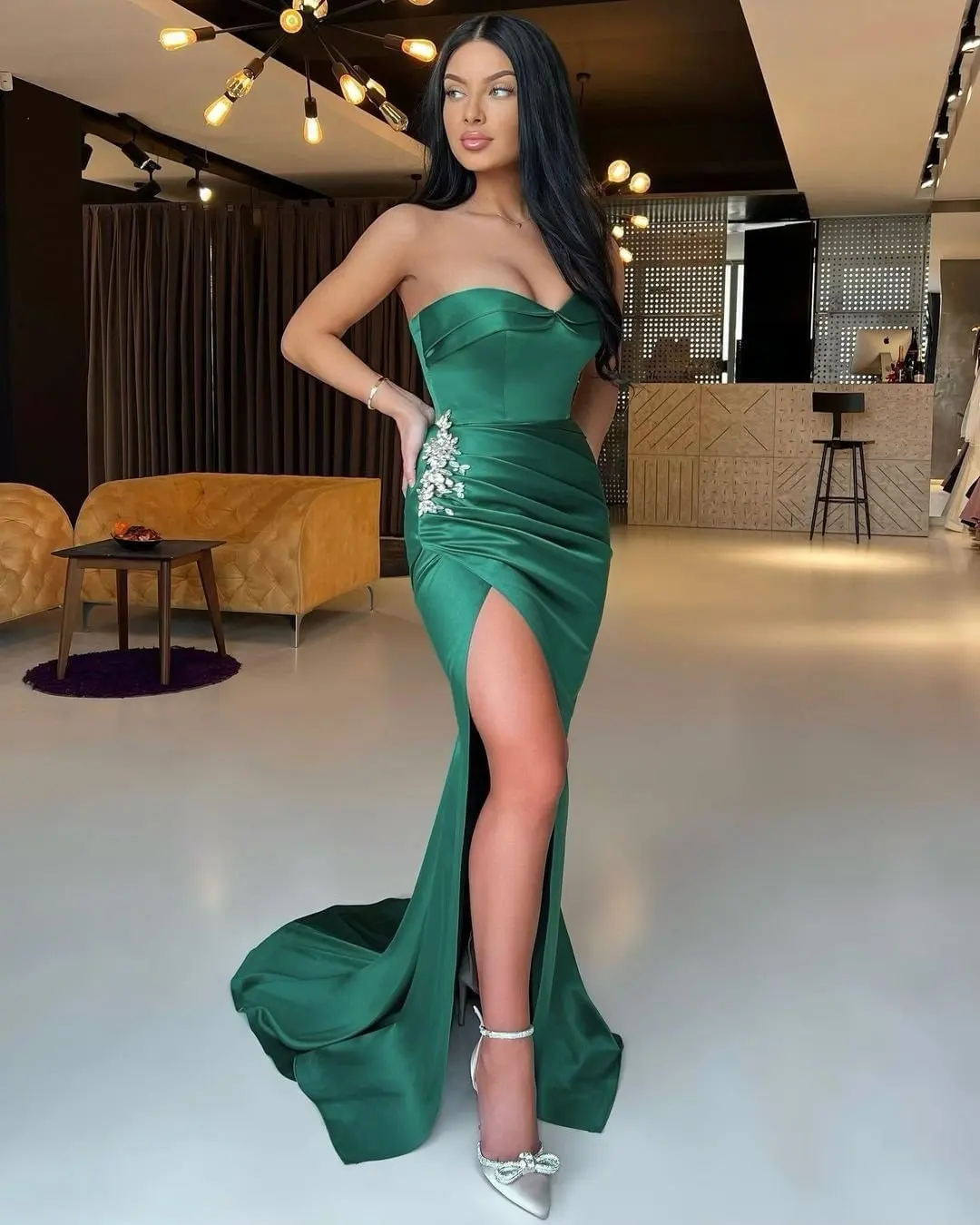 

Modern Emerlad Green Sweetheart Mermaid Prom Dress Slit Long With Beads Sexy Wedding Gown For Women Wear Custom Vestidos De Gala