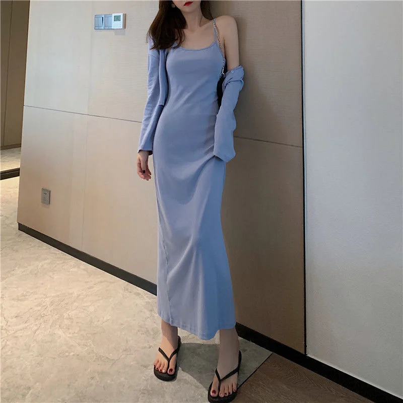 

Women 2022 New Fashion Sexy Suspender Dress Peach Hip Solid Color Slim Long Sleeveless Skirt Thin Spring And Autumn 2 Piece Set