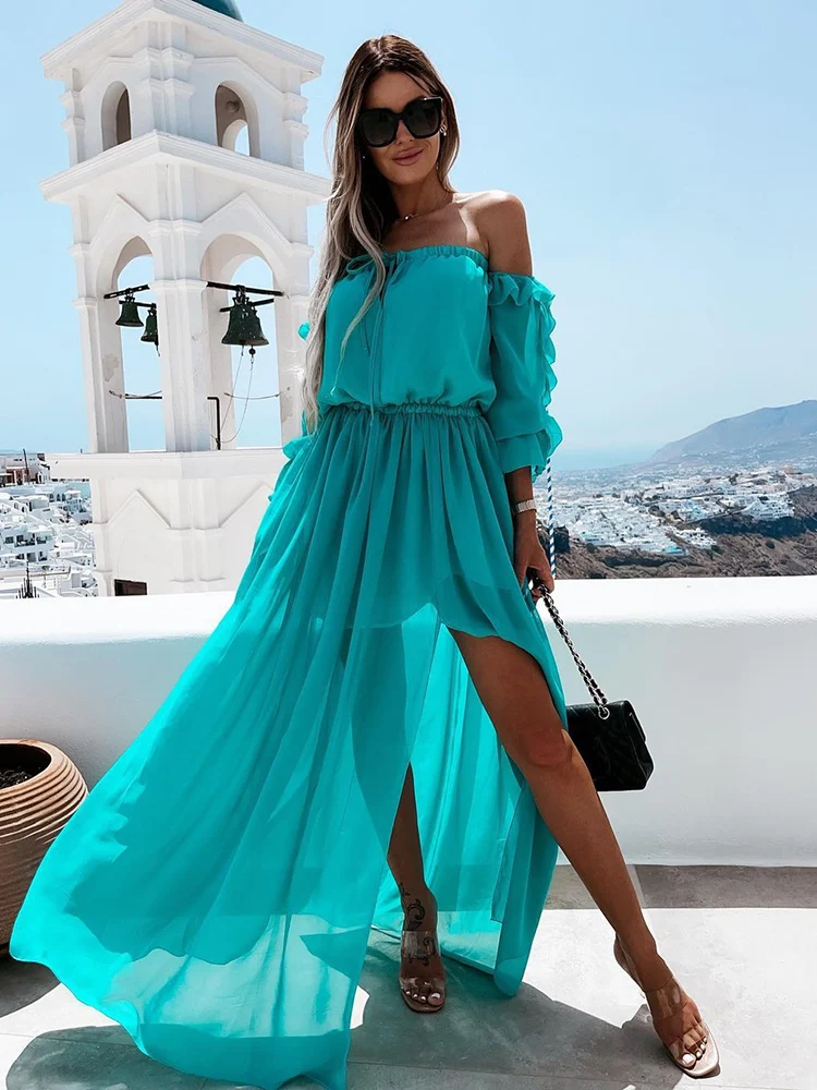 

Женское шифоновое платье с открытыми плечами и высоким разрезом, летнее богемное пляжное макси-платье с запахом на груди и оборками на рука...