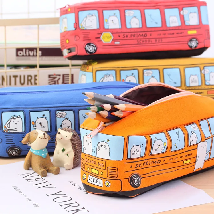 

Cute Bus Pencil Case Canvas Stationery Box large capacity pen bag school Pencil cases for children pen case Kawaii student gifts