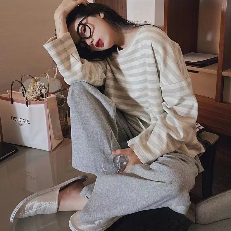 CAIYIER 2022 Women Stripe Print Korean Nightwear Autumn Winter O-Neck Leisure Sleepwear Female Sweet Kawaii Soft Pyjamas Mujur