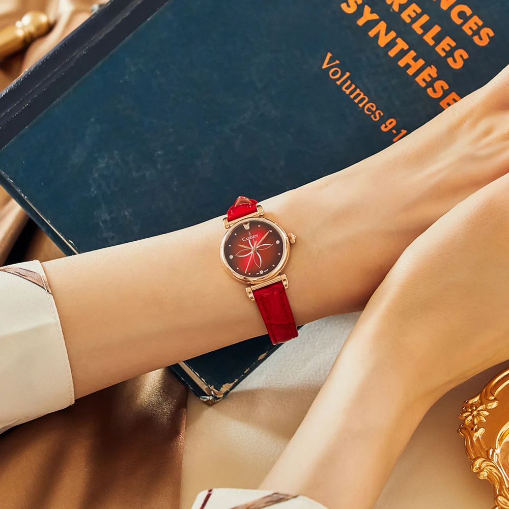 CADISEN 18K GOLD Woman Watch Luxury Brand Female Wristwatch Waterproof Fashion Red Belt Gold Quartz Watch Gift for Women Girl enlarge