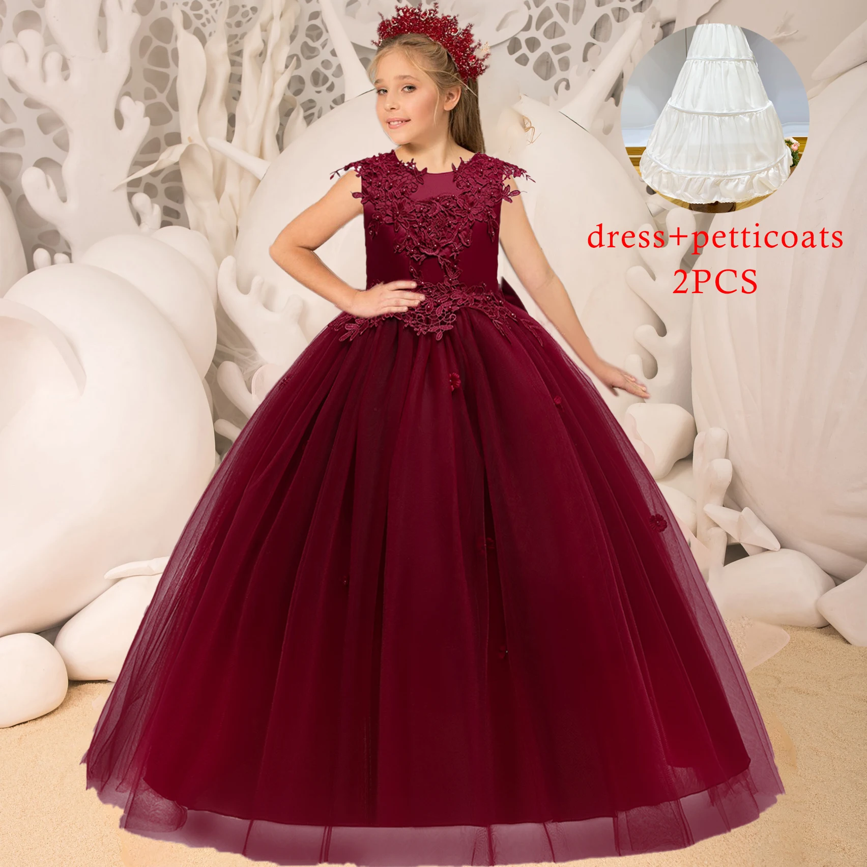 

2023 Formal Long Lace Kids Bridesmaid Party Dress For Girls Children Costume Floral Prom Princess Dresses Wedding Gown Vestidos