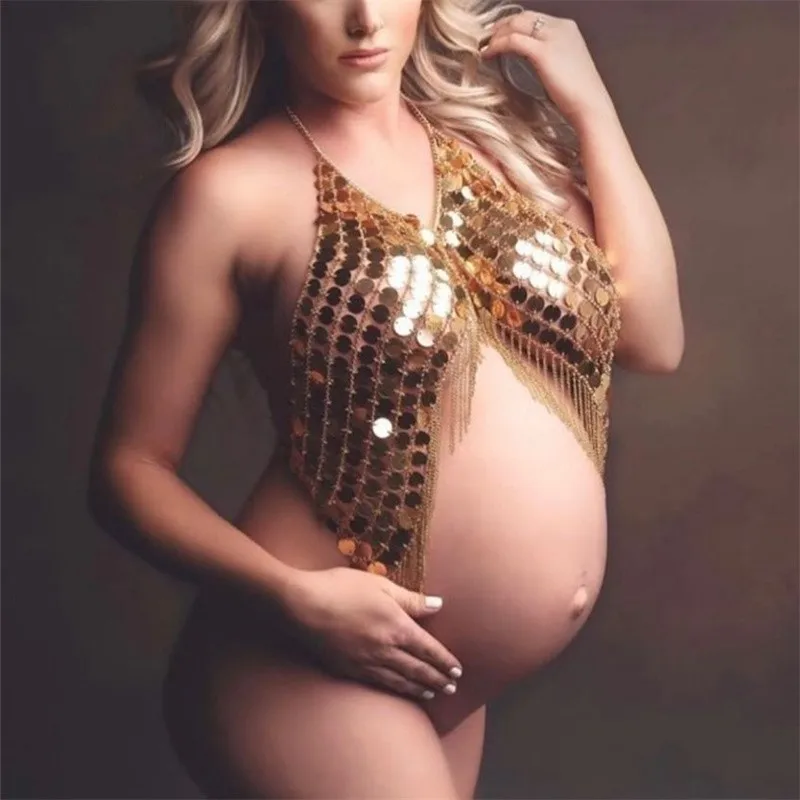 Sexy Maternity Photography Props Maternity Dresses For Photo Shoot Women Metal Sequin Body Chain Belly Goddess Crystal Crown