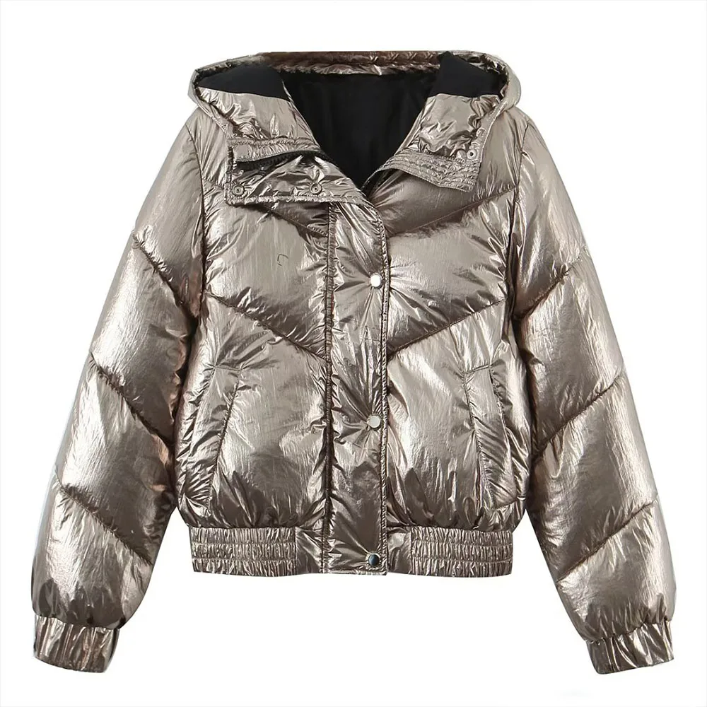 

Зимняя женская куртка BER & OYS & ZA, новинка 2022, модная шикарная свободная универсальная короткая одежда с капюшоном и блестящим лицом