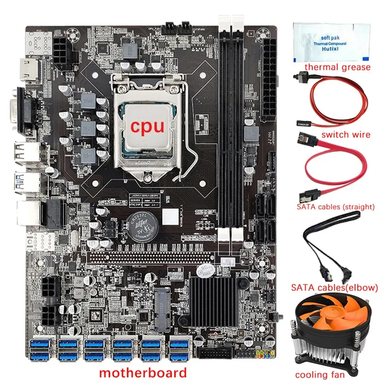 

B75 12 GPU Mining Motherboard+CPU+Fan+Thermal Grease+Switch Cable+2X SATA Cable 12 USB3.0 Slot LGA1155 DDR3 RAM SATA3.0