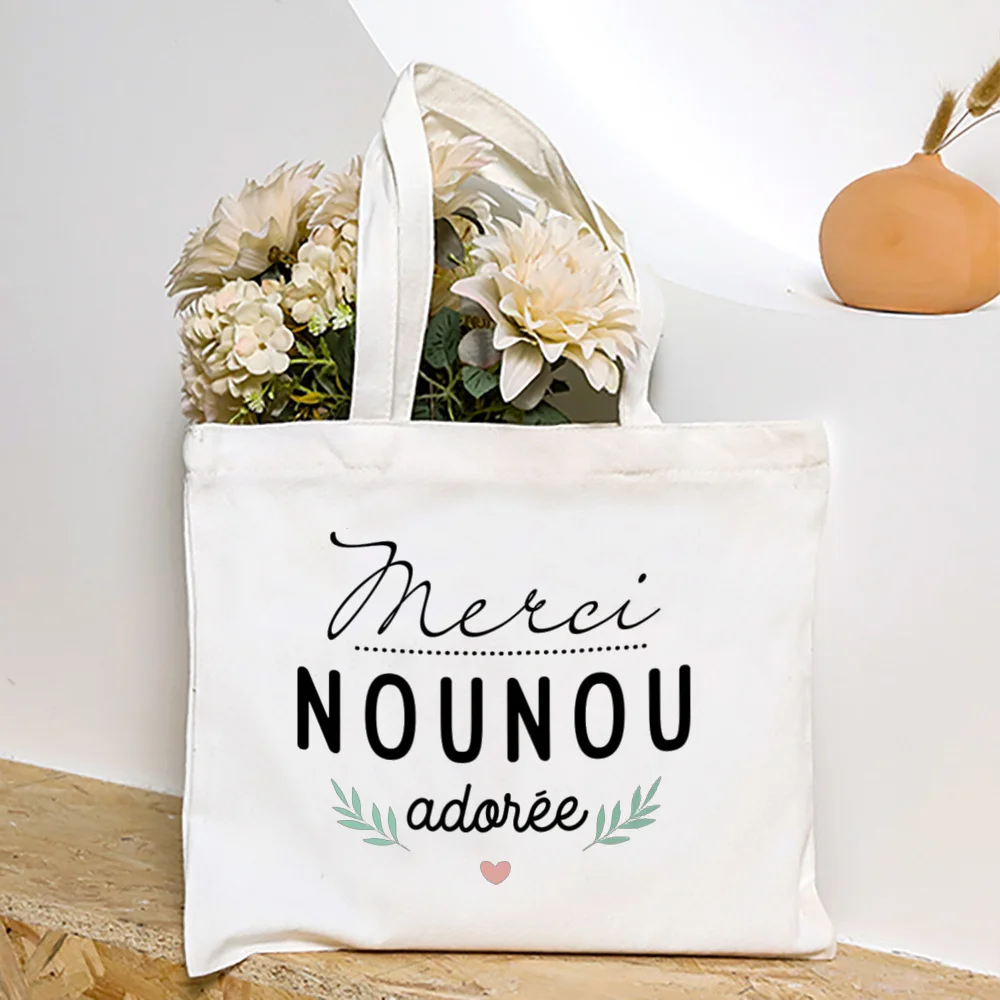 Merci Nounou French Printed Women Shoulder Bag Canvas Tote Bag   Female Handbags Reusable Shopping Bags Best Gifts for Nounou images - 6
