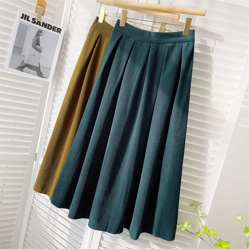 2022 Spring Autumn Elegant Velvet Pleated Skirt Women Elastic High Waist Vintage Skirt Female Midi Long All-match Skirt