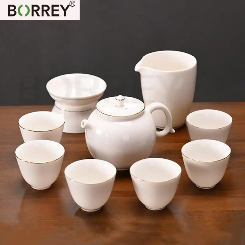 

BORREY Chinese Bone China With Gold Tea Set 9Pcs Kung Fu Tea Pu'er Flower Teapot Cup Withe Filter Gift Wrap Drinkware Tea Set