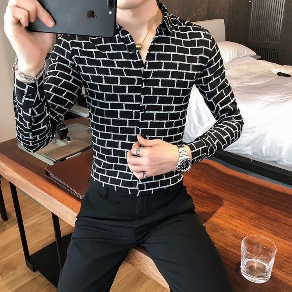 Korean Fashion Men's Black and White Plaid Long-sleeved Shirt, Lapel Button Slim Casual Shirt, Non-iron and Anti-wrinkle