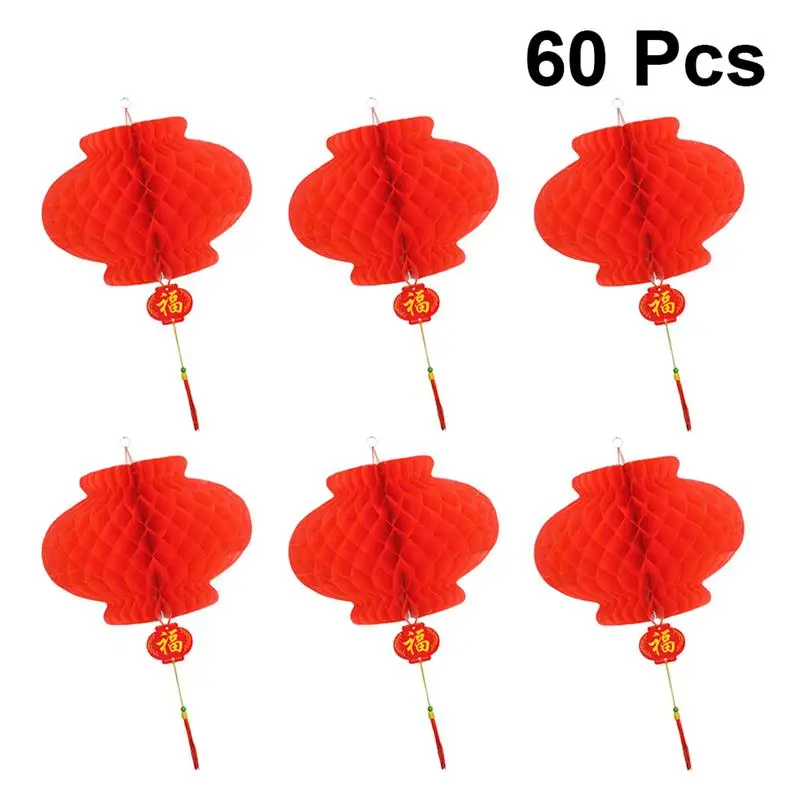 

60PCS Paper Lanterns Red Round Plastic Paper Lanterns Foldable Plastic Chinese Traditional Lanterns Festive Hanging Lanterns
