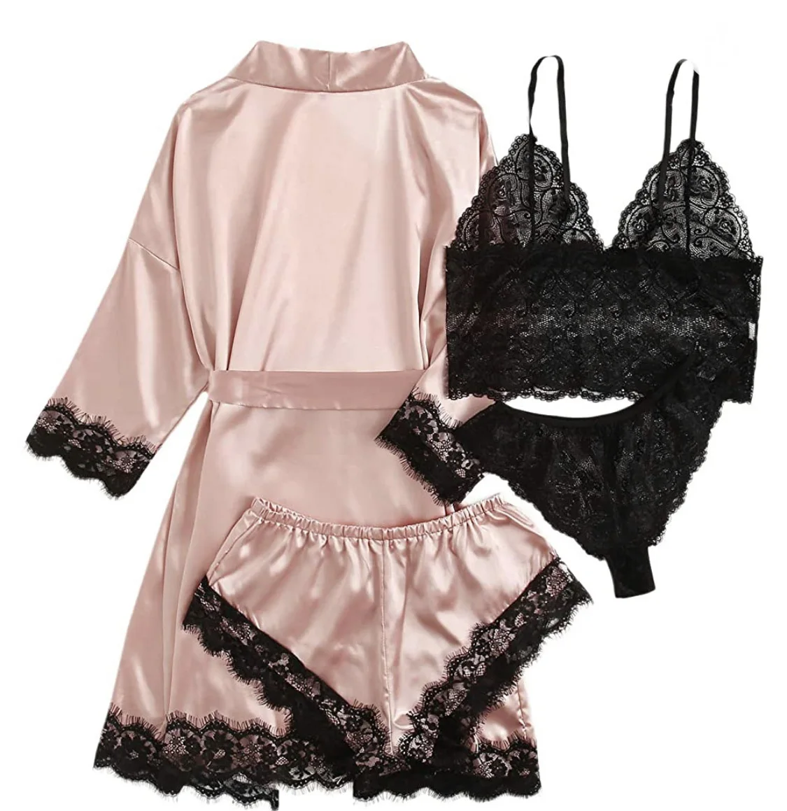 Woman Sleepwear 4pcs Floral Lace Trim Satin Pajamas Set with Robe Sexy Faux Silk Pijamas Robe Sets Casual Home Clothes Nightwear