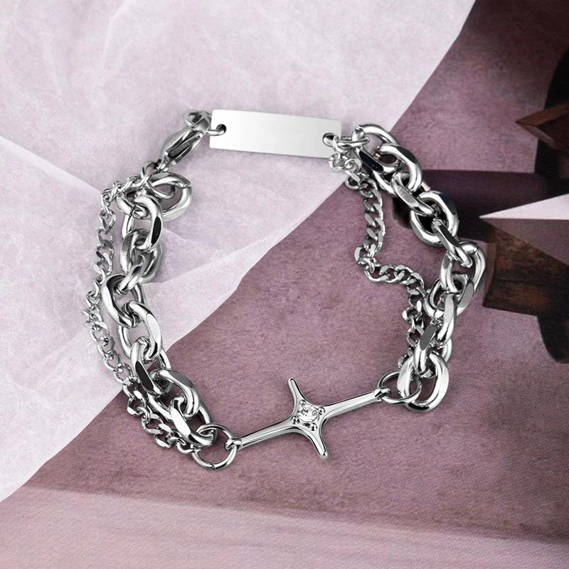 

Double Layer Chain Cross Crystal Bracelet For Women Silver Color Hip Hop Bracelet Men New Design Jewelry