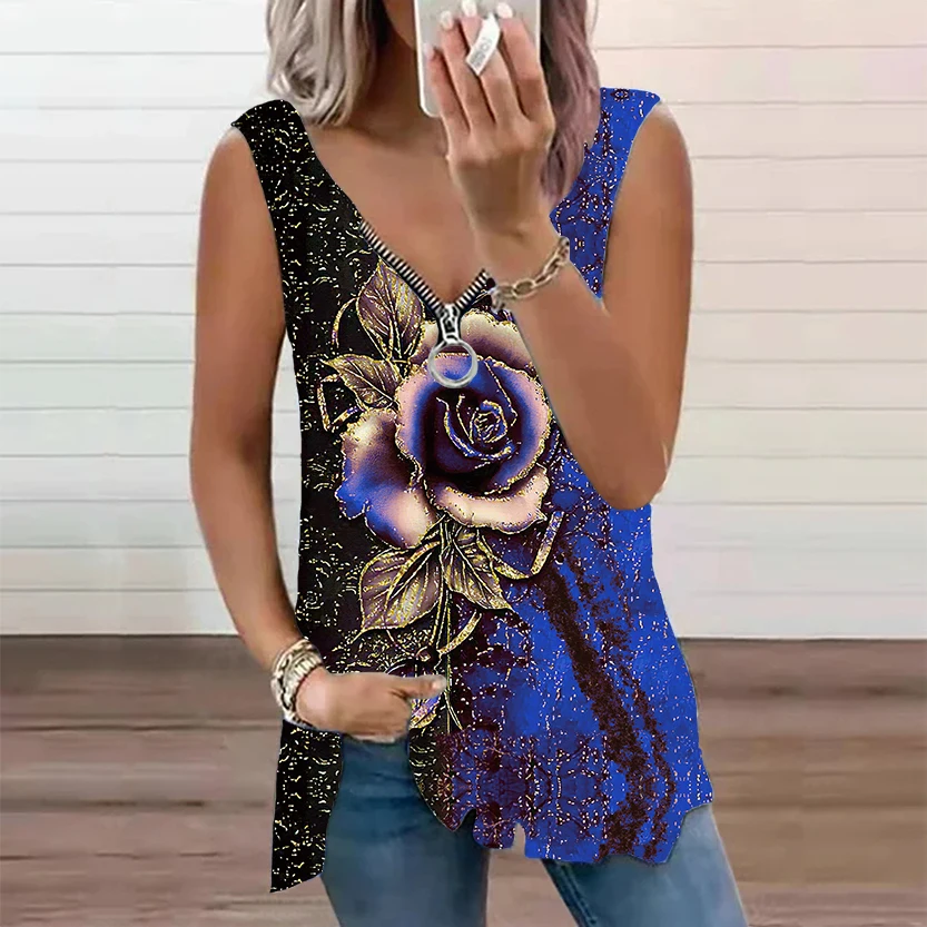 Блузка женская с цветочным принтом V-образным вырезом без рукавов - купить по