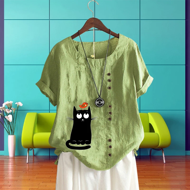 

Popular Lovely Cat Pattern Print Short Sleeve Shirt Women's Clothing T Shirt O Neck Top for Lady Cotton Linen Summer Pullover