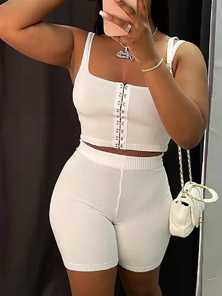 

Shein Romwe 2022 Summer Hook & Eye Front Crop Tank Top & Shorts Set Of Two Fashion Casual Pieces For Women Free Shipping