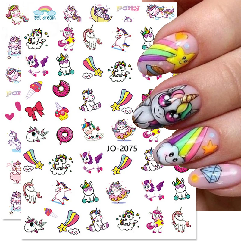 

Cartoon Nail Stickers Cute Unicorn Rainbow Horse Nail Art Stickers for Kids DIY Nail Decorations 3D Self-adhesive Nail Decals