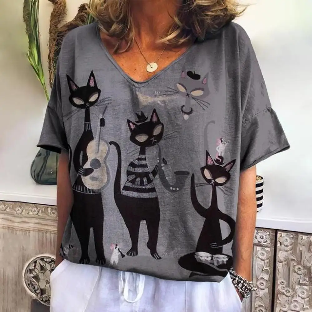 

Fun Cute Cat Print T-shirt Y2k Tops Summer Women T Shirt Woman Casual V Neck Plus Size Tees Female Harajuku Oversized Tshirt 8xl