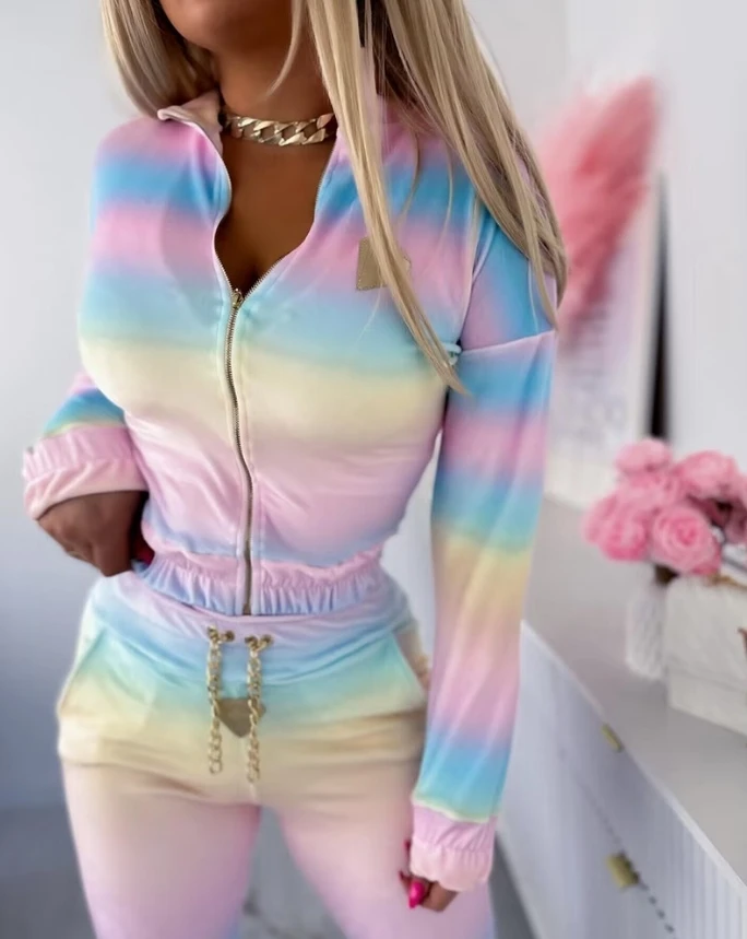 Женский костюм с геометрическим принтом укороченный топ цепочкой Омбре и брюки