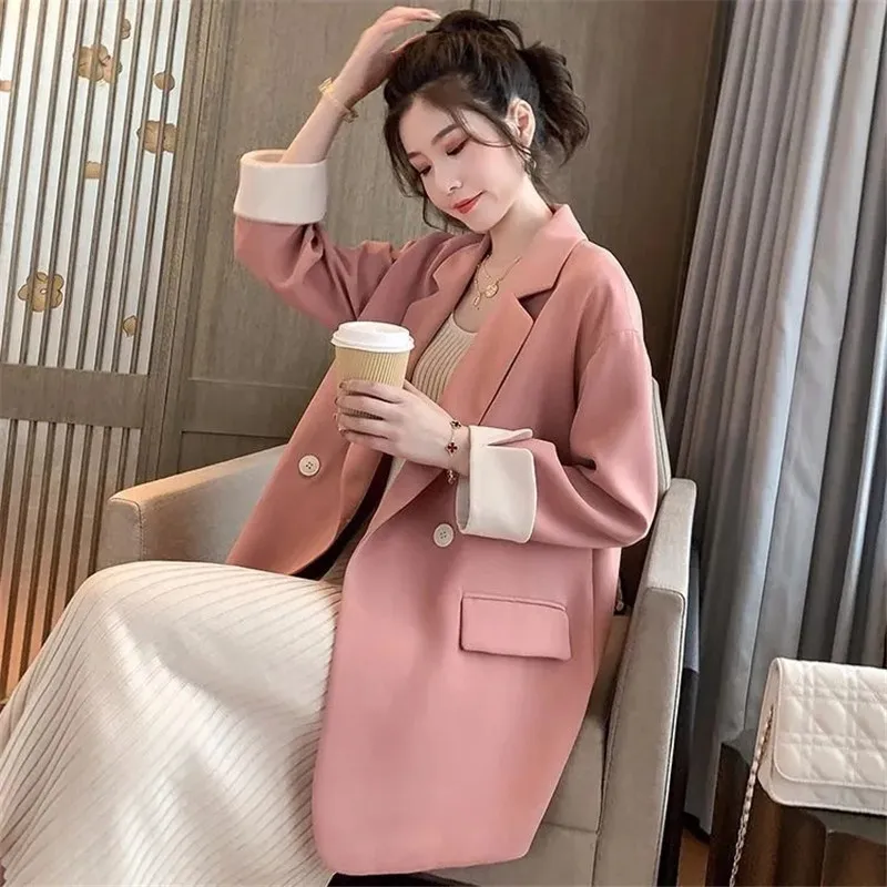 

Korean Loose Women's Blazers Autumn Casual Lined Chic Suit Jackets Double Breasted High-quality Suit Coat Elegant Female Tops