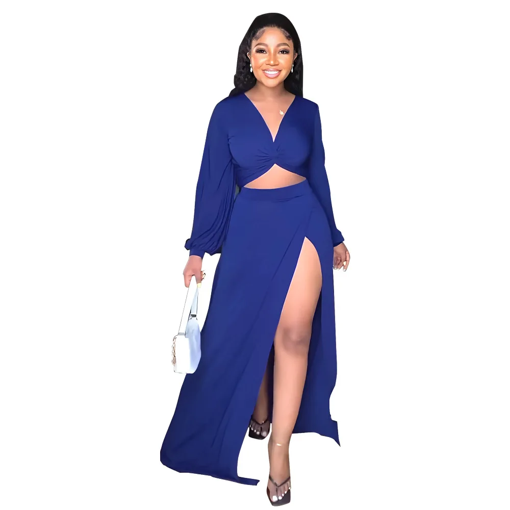 

Женский Повседневный комплект из двух предметов, элегантная однотонная длинная юбка макси с длинным рукавом и V-образным вырезом, укороченный топ для работы