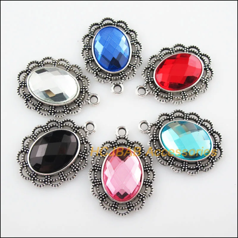 

6Pcs Tibetan Silver Color Flower Oval Mixed Crystal Charms Pendants 23x32mm