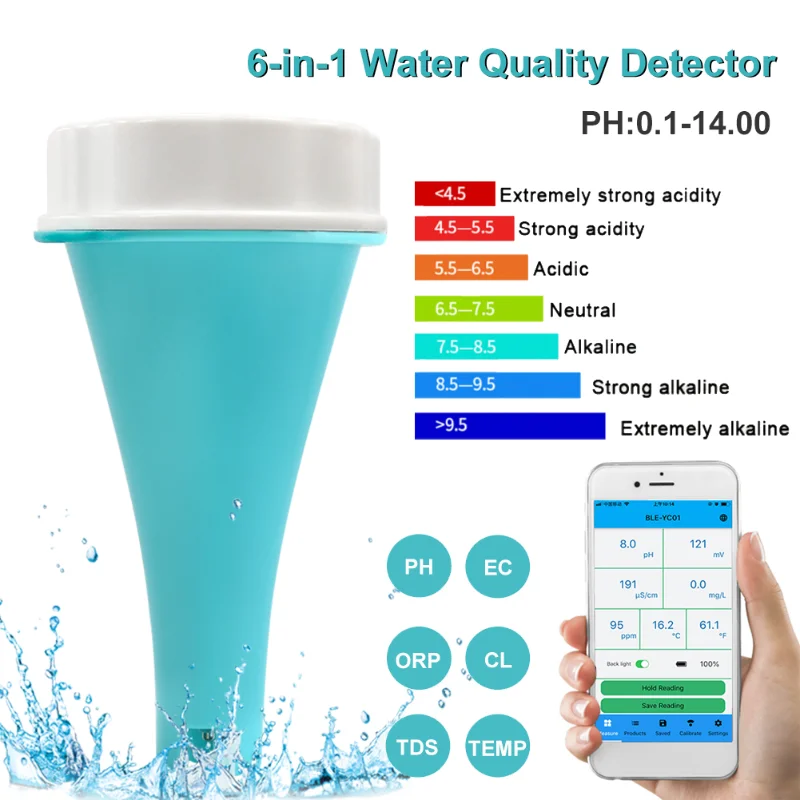 

Bluetooth-compatible PH Meter diy electronic PH Tester 6-in-1 PH/TDS/EC/CL/ORP/Temp Meter High Accuracy Water Quality Tester