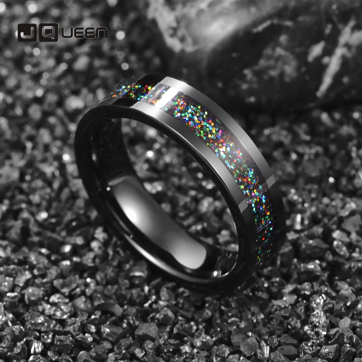 

JQUEEN 6mm Black Color Tungsten Carbide Ring Dome Polished Inlaid Pink Bling Powder Women's Wedding Ring Wedding Best Gift